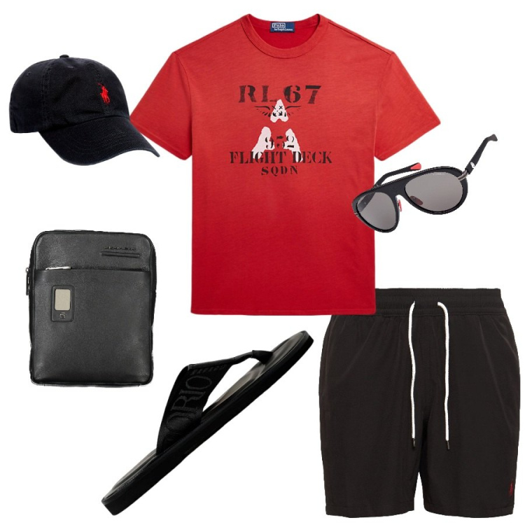 Outfit uomo - Sandalo infradito Emporio Armani. Stile Trendy per Tutti i giorni. Abbinamento con cappelli, t-shirt, shorts, portafogli, occhiali da sole, sandali.
