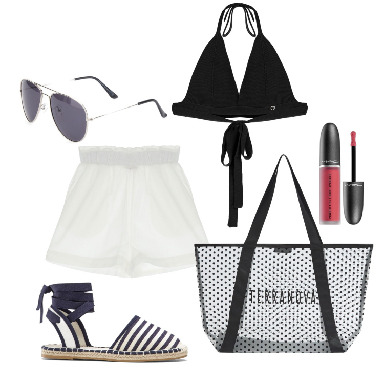 Outfit donna - Ghost outfitter - agosto. Stile Trendy per Tutti i giorni. Abbinamento con espadrillas, rossetti, shopping bag, top, shorts, occhiali da sole.