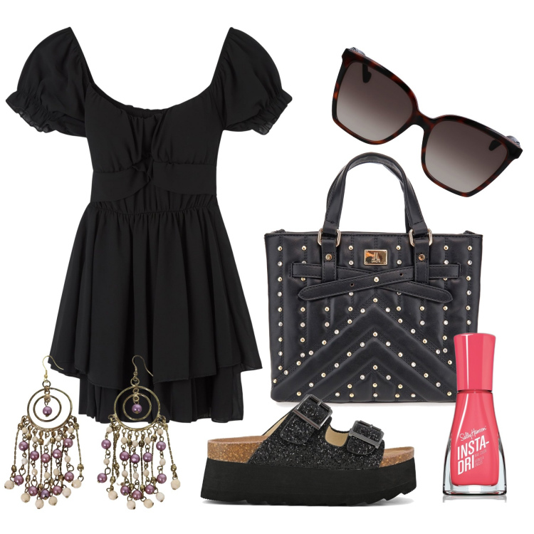 Outfit donna - Ghost outfitter - agosto. Stile Trendy per Tutti i giorni. Abbinamento con smalti, vestiti, orecchini, occhiali da sole, zeppe, borse a mano.