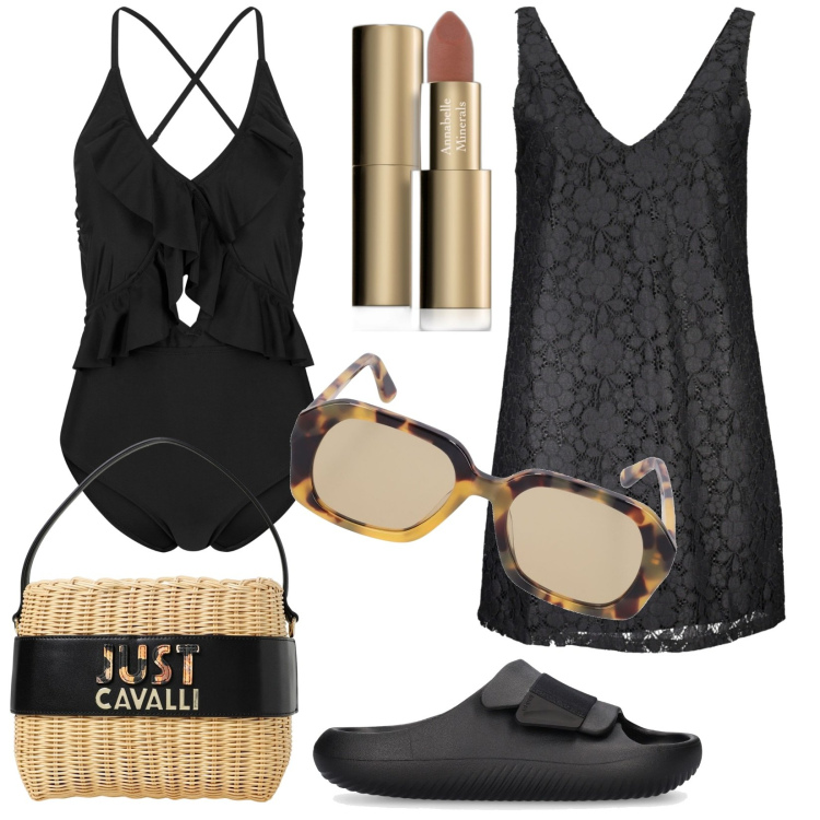 Outfit donna - Total look #1929508. Stile Casual chic per Mare. Abbinamento con costumi interi, rossetti, occhiali da sole, ciabatte, borse a spalla, vestiti corti.