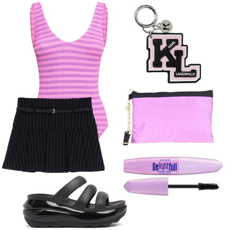 Outfit donna - Agosto al mare. Stile Trendy per Mare. Abbinamento con mascara, minigonne, costumi interi, pochette, portachiavi, ciabatte.