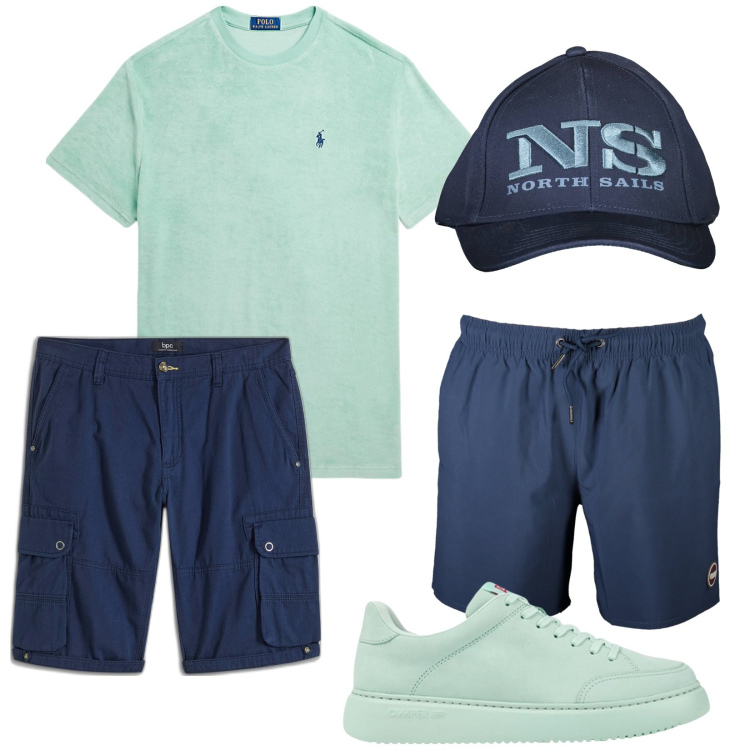 Outfit uomo - Agosto al mare. Stile Casual per Tutti i giorni. Abbinamento con bermuda, t-shirt, cappelli con visiera, costumi, sneakers.