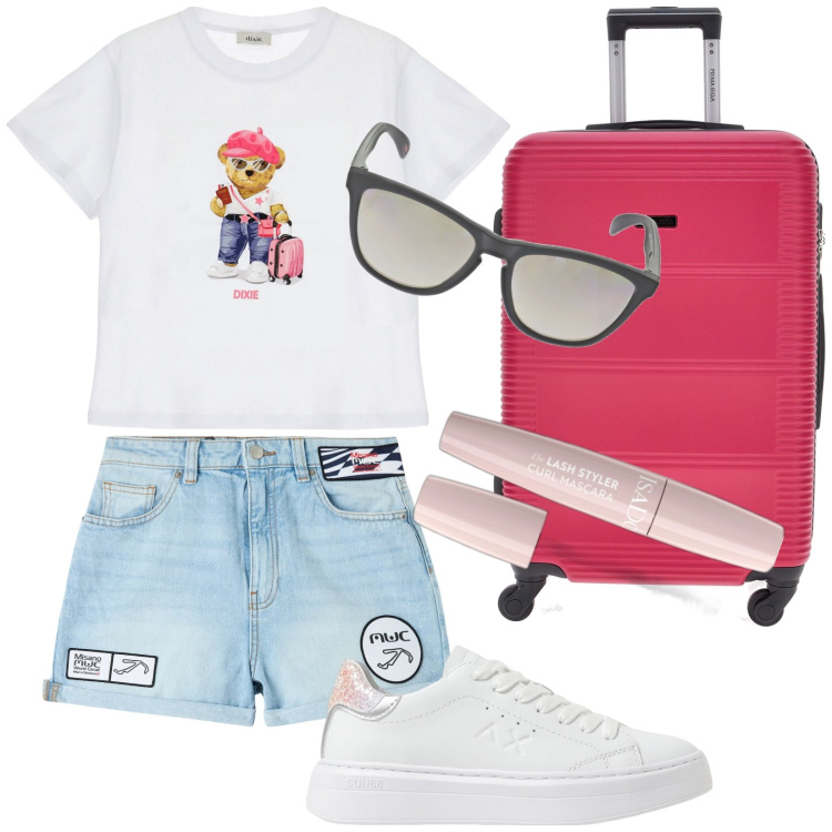 Outfit donna - Bye bye. Stile Casual per Tutti i giorni. Abbinamento con mascara, shorts, t-shirt, sneakers, occhiali da sole, valigie.
