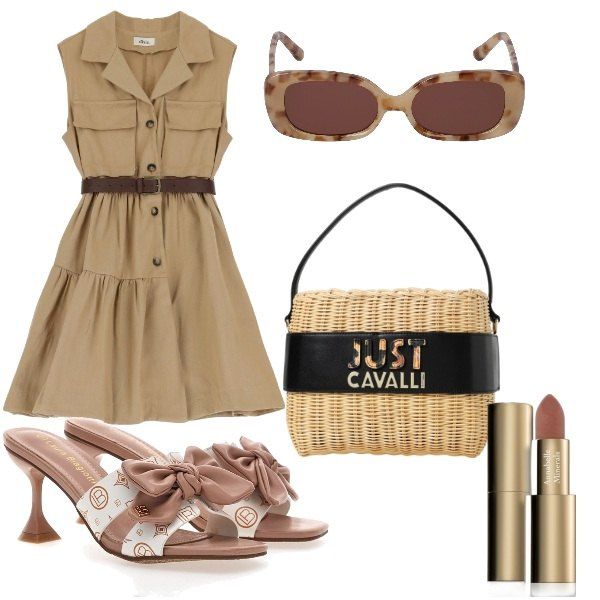 Outfit donna - color sabbia. Stile Glamour per Tutti i giorni. Abbinamento con rossetti, vestiti corti, borse a spalla, ciabatte, occhiali da sole.