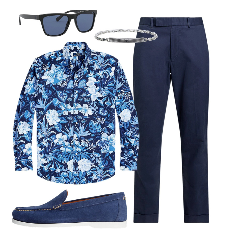 Outfit uomo - Giro in barca. Stile Trendy per Tutti i giorni. Abbinamento con braccialetti, scarpe stringate, occhiali da sole, pantaloni chino, camicie.