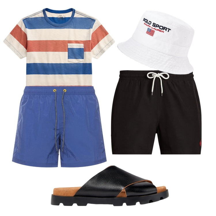Outfit uomo - Sandali per le vacanze. Stile Casual per Mare. Abbinamento con costumi, t-shirt, cappelli, shorts, sandali.