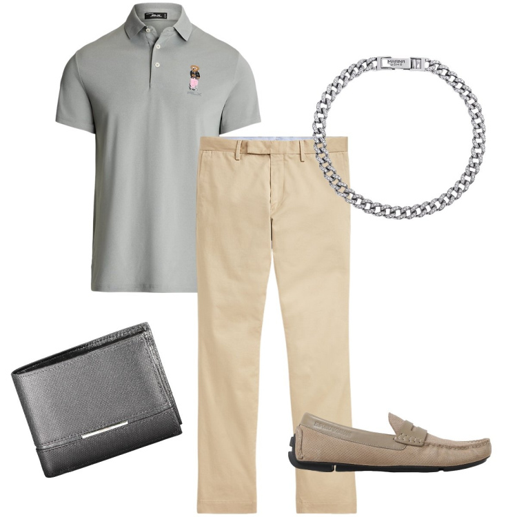Outfit uomo - In ufficio il venerdì. Stile Business/Elegante per Ufficio. Abbinamento con braccialetti, pantaloni chino, polo, scarpe stringate, portafogli.