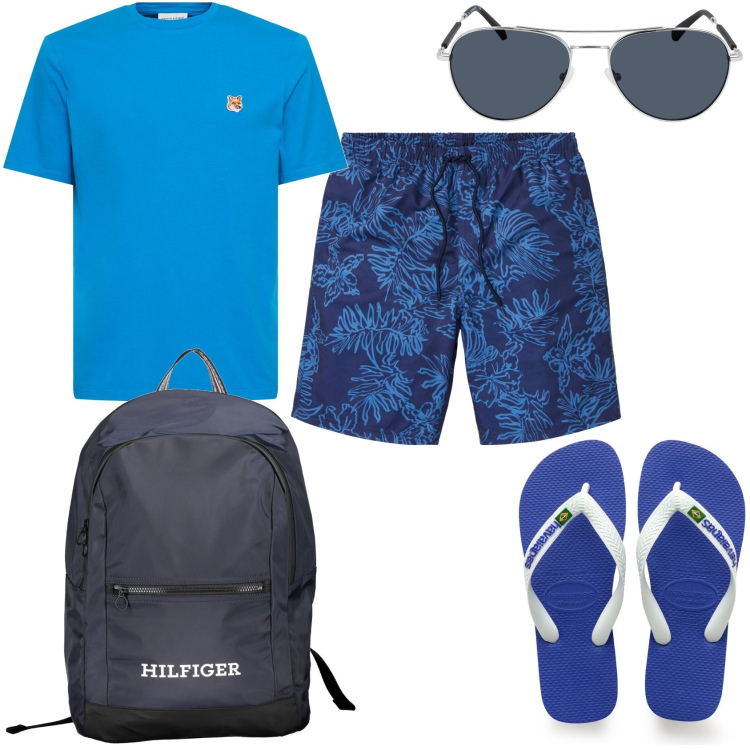 Outfit uomo - Al mare. Stile Casual per Mare. Abbinamento con pantaloni corti, sandali, occhiali da sole, borse sportive, t-shirt.