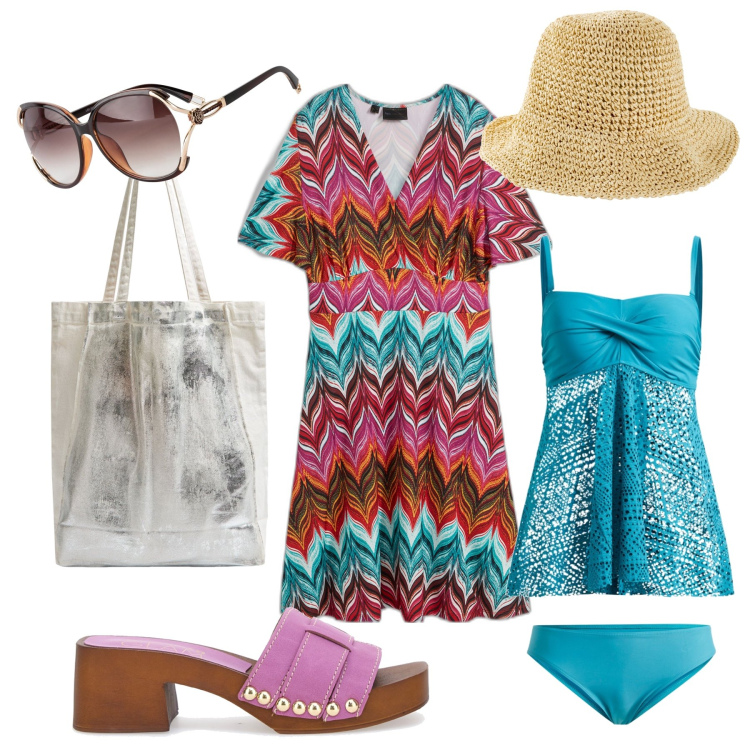 Outfit donna - Mare mare mare. Stile Boho per Mare. Abbinamento con occhiali da sole, costumi interi, cappelli, vestiti, shopping bag, zoccoli.
