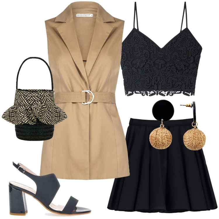 Outfit donna - Color sabbia. Stile Casual chic per Serata fuori. Abbinamento con orecchini, top, gilet, minigonne, borse a secchiello, sandali col tacco.