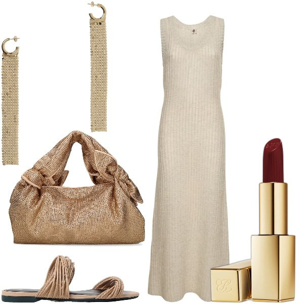 Outfit donna - Total look #1929617. Stile Minimal per Serata fuori. Abbinamento con rossetti, borse a mano, sandali in pelle, vestiti, orecchini.