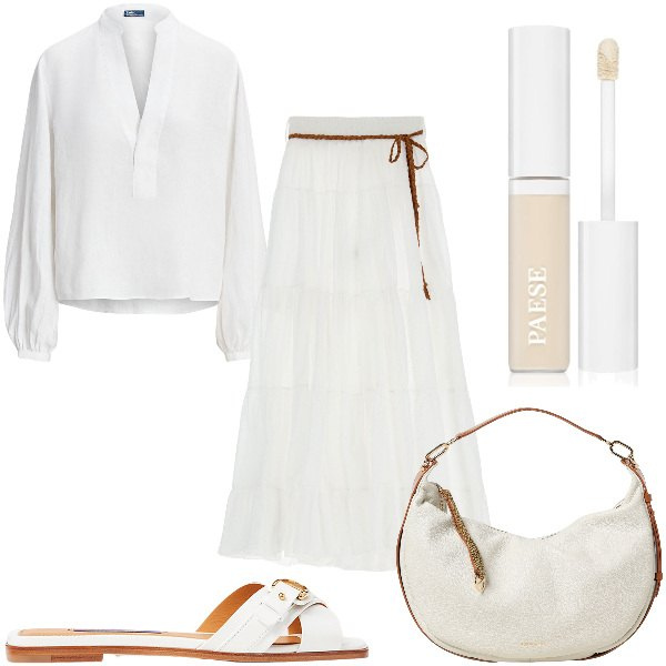 Outfit donna - Total look #1929618. Stile Minimal per Ufficio. Abbinamento con correttori, gonne lunghe, camicie, sandali col tacco, borse a spalla.