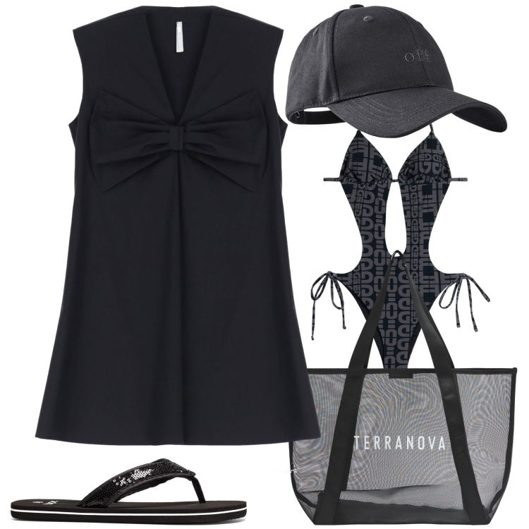 Outfit donna - Mare sempre più mare. Stile Basic per Mare. Abbinamento con cappelli con visiera, infradito, shopping bag, vestiti corti, costumi interi.