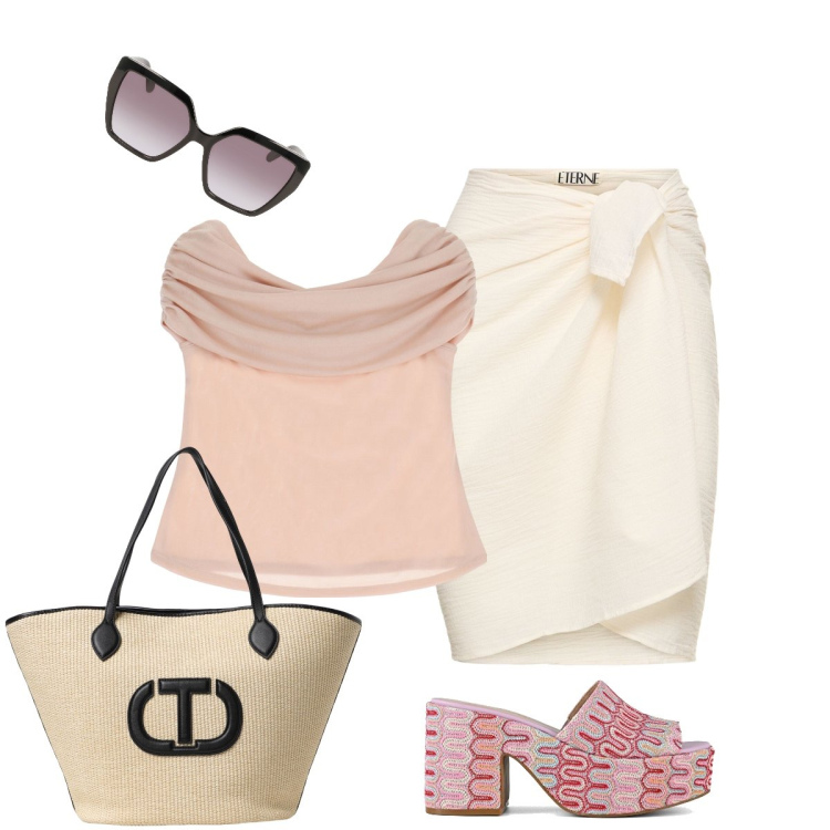 Outfit donna - La gonna di raso annodata. Stile Glamour per Serata fuori. Abbinamento con top, sabot, minigonne, borse tote, occhiali da sole.