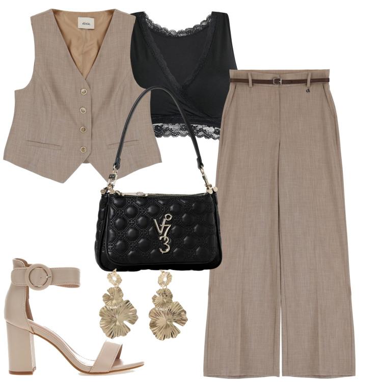 Outfit donna - Business. Stile Trendy per Ufficio. Abbinamento con reggiseni, gilet, pantaloni, orecchini, borse a spalla, sandali col tacco.
