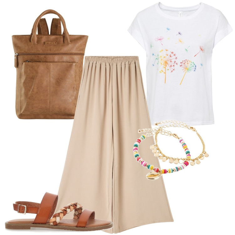 Outfit donna - I bracciali estivi. Stile Basic per Tutti i giorni. Abbinamento con zaini, t-shirt, braccialetti con ciondoli, pantaloni, sandali.