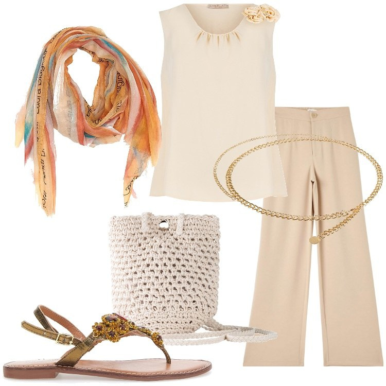 Outfit donna - Stile boho-chic per un evento. Stile Boho per Serata fuori. Abbinamento con borse a tracolla, cinture, pantaloni, bluse, sandali gioiello, sciarpe.