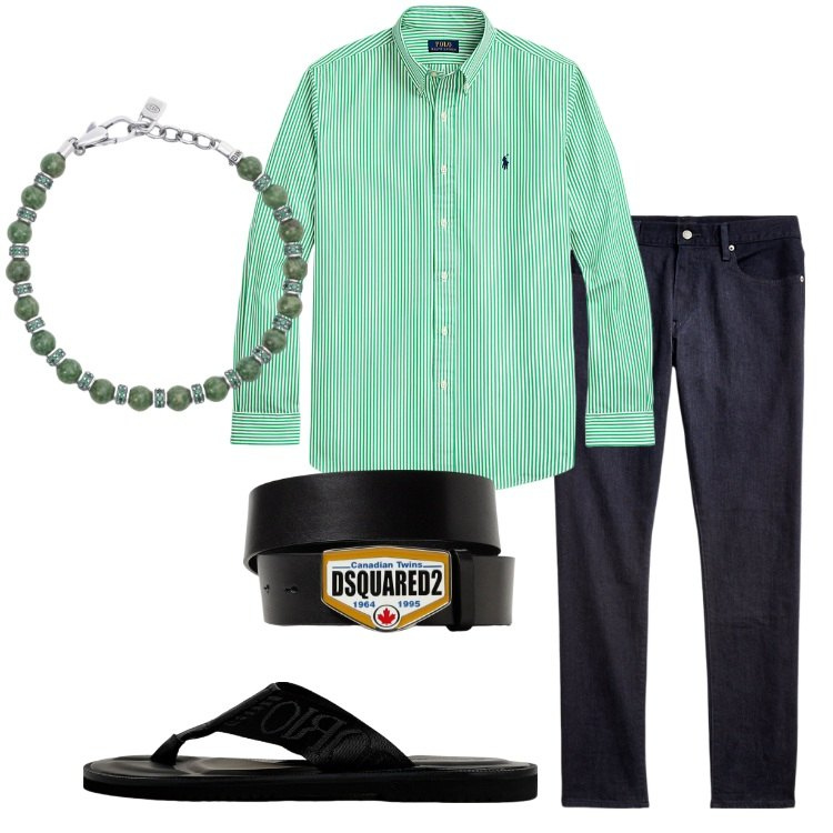 Outfit uomo - Infradito Armani per la sera. Stile Trendy per Serata speciale. Abbinamento con braccialetti, jeans, camicie, sandali, cinture.