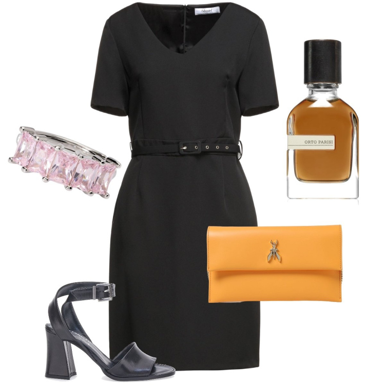 Outfit donna - Il tubino nero. Stile Bon Ton per Serata fuori. Abbinamento con vestiti corti, profumi, anelli, sandali in pelle, clutch.