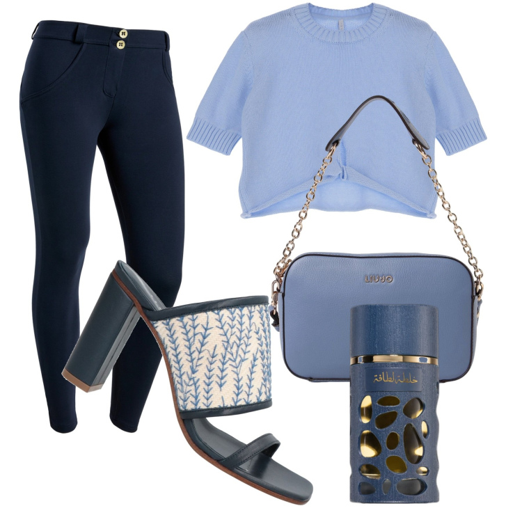 Outfit donna - Azzurro il pomeriggio. Stile Bon Ton per Serata fuori. Abbinamento con sandali in pelle, profumi, pullovers, pantaloni skinny, borse a tracolla.
