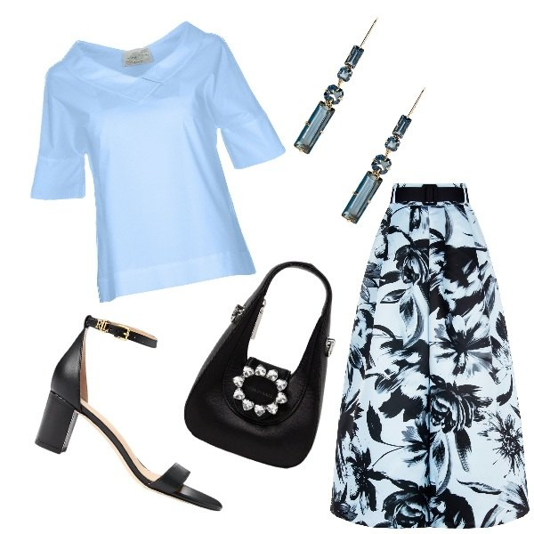 Outfit donna - Total look #1929706. Stile Chic per Ufficio. Abbinamento con gonne, sandali in pelle, orecchini, bluse, borse a mano.