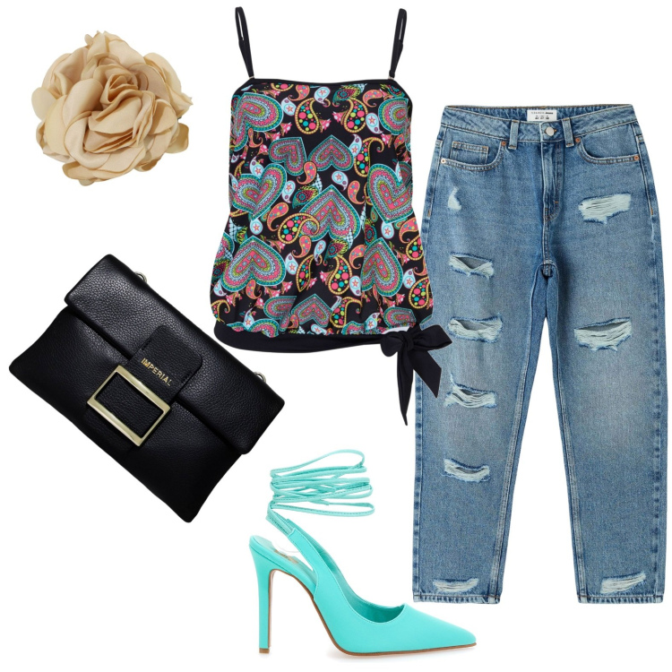 Outfit donna - turquoise power. Stile Trendy per Tutti i giorni. Abbinamento con top, jeans mom, pochette, braccialetti, décolleté.