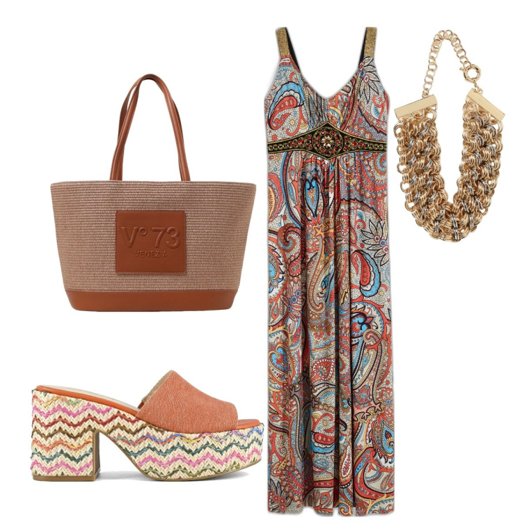 Outfit donna - Total look #1929711. Stile Boho per Serata fuori. Abbinamento con vestiti lunghi, sandali, borse a spalla, collane.
