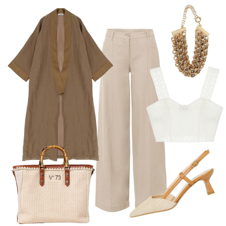 Outfit donna - The sands of time. Stile Glamour per Serata fuori. Abbinamento con pantaloni a palazzo, sandali col tacco, cardigans, top, borse a mano, collane.