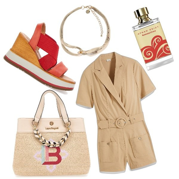 Outfit donna - Total look #1929718. Stile Casual chic per Serata fuori. Abbinamento con tute, profumi, collane, sandali, borse a mano.