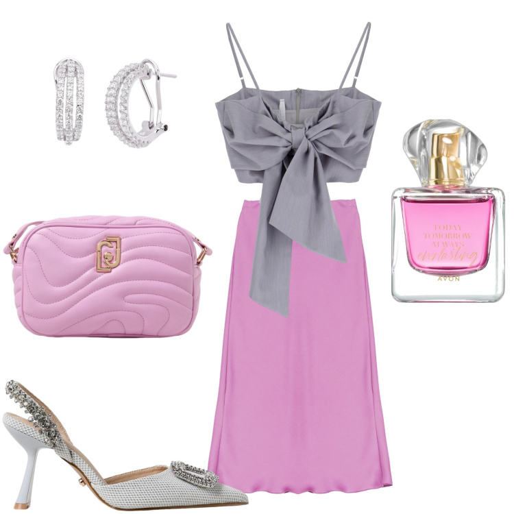 Outfit donna - Gonna in raso color malva. Stile Basic per Tutti i giorni. look ideale per Petite. Abbinamento con profumi, orecchini, top, gonne longuette, borse a tracolla, scarpe col tacco.