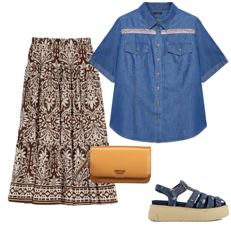 Outfit donna - Femminile e particolare. Stile 70s per Tutti i giorni. Abbinamento con gonne lunghe, camicie a manica corta, sandali, portafogli.