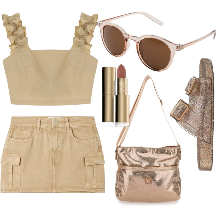 Outfit donna - Contro il caldo estivo. Stile Sexy per Mare. Abbinamento con occhiali da sole, rossetti, minigonne, top, sandali, borse a tracolla.