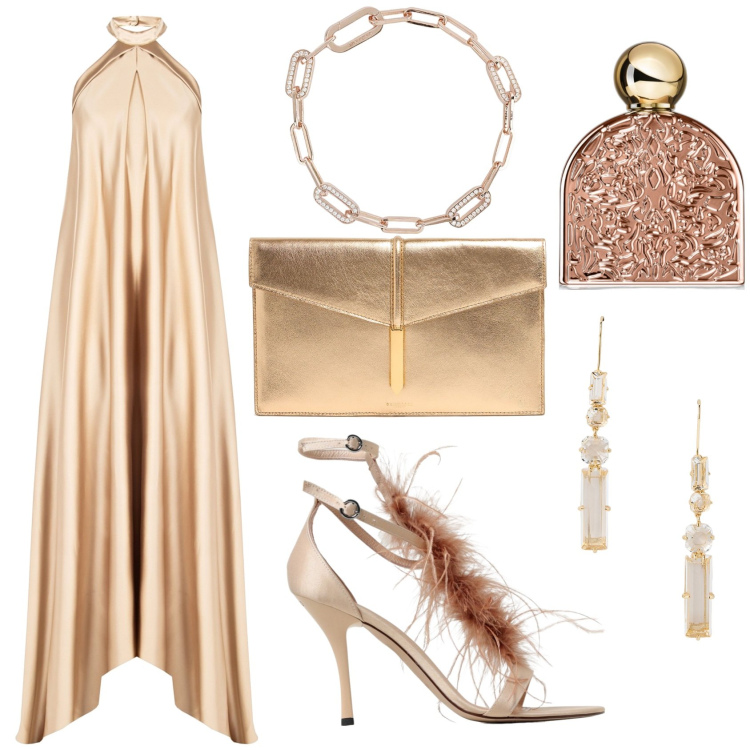 Outfit donna - Billionaire. Stile Chic per Serata fuori. Abbinamento con profumi, braccialetti, vestiti lunghi, orecchini, sandali col tacco, clutch.