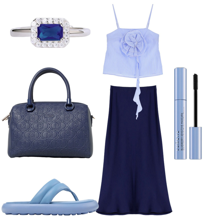 Outfit donna - Gonna in raso blu notte. Stile Basic per Tutti i giorni. look ideale per Petite. Abbinamento con mascara, anelli, gonne lunghe, top, borse a mano, sandali in pelle.