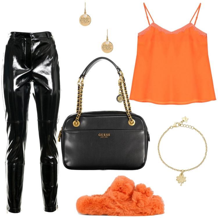 Outfit donna - Sfumature arancio. Stile Basic per Tutti i giorni. look ideale per Petite. Abbinamento con braccialetti con ciondoli, pantaloni, top, orecchini, ciabatte, borse a spalla.