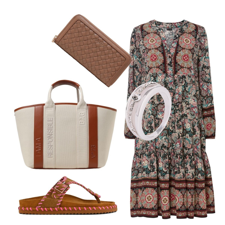 Outfit donna - Total look #1929741. Stile Boho per Cerimonia. Abbinamento con anelli, vestiti, borse a spalla, ciabatte, portafogli.