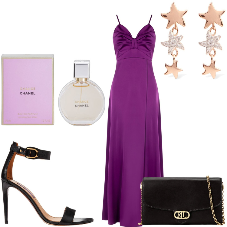 Outfit donna - Il viola per la serata. Stile Chic per Serata fuori. Abbinamento con profumi, vestiti lunghi, sandali in pelle, borse a tracolla, orecchini.