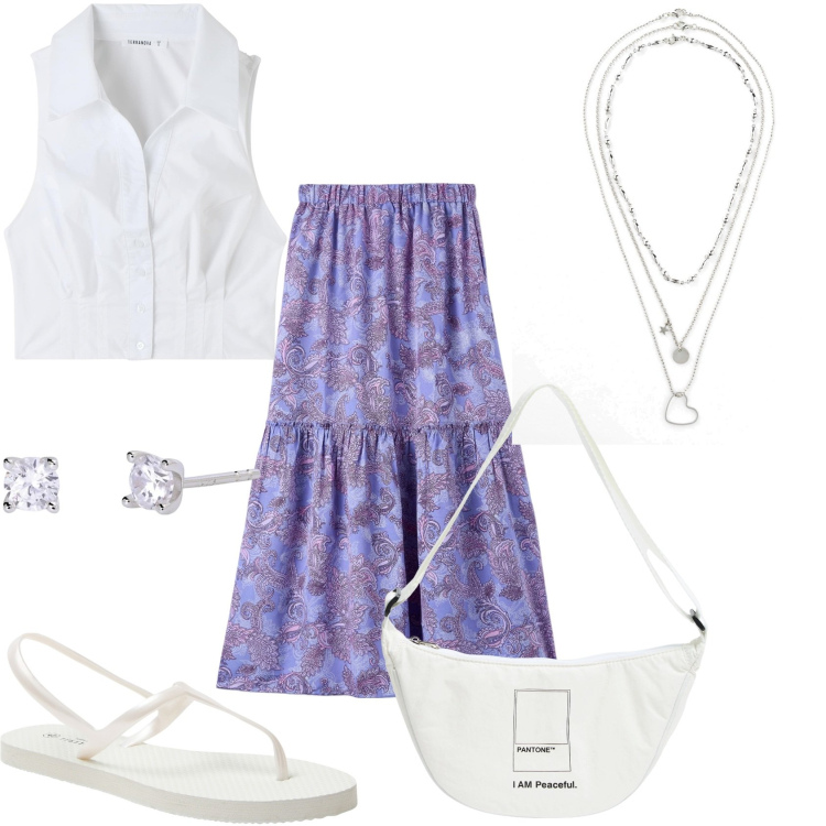 Outfit donna - Gonna lunga e top bianco. Stile Trendy per Tutti i giorni. Abbinamento con collane, marsupi, sandali, gonne lunghe, camicie, orecchini.