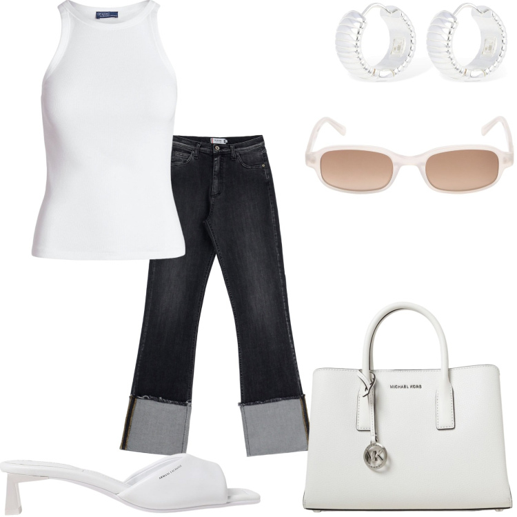 Outfit donna - In giro per la città. Stile Glamour per Tutti i giorni. Abbinamento con jeans dritti, canottiere, borse a mano, orecchini, pantofole, occhiali da sole.