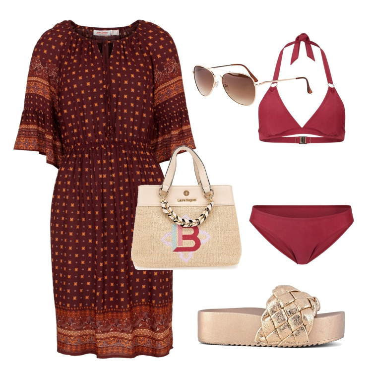 Outfit donna - Una giornata in spiaggia!!!. Stile Casual chic per Mare. Abbinamento con occhiali da sole, vestiti, bikini, sandali, borse a mano.