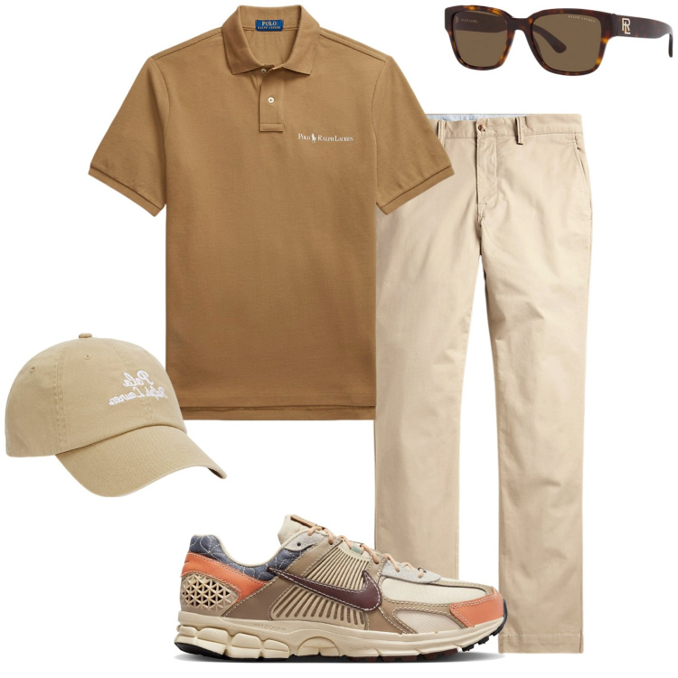Outfit uomo - Pranzo dai suoceri. Stile Casual per Tutti i giorni. Abbinamento con occhiali da sole, pantaloni, polo, cappelli, sneakers.