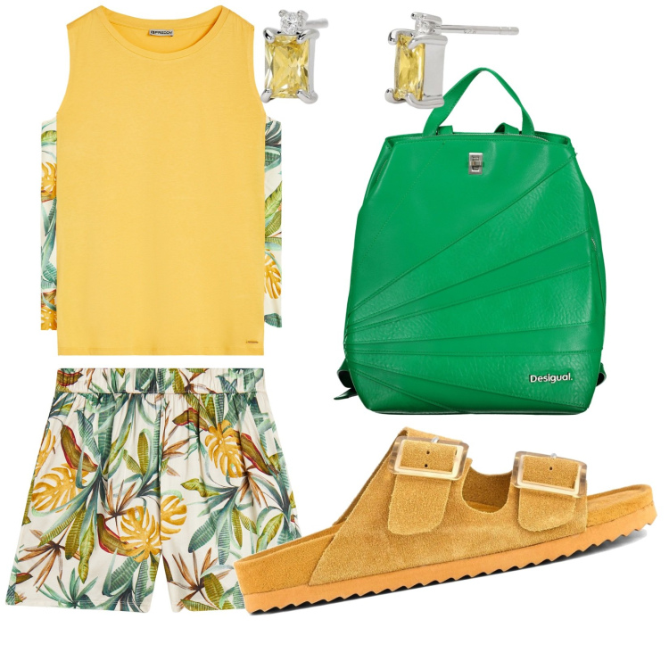 Outfit donna - Passeggiata in centro. Stile Trendy per Tutti i giorni. Abbinamento con orecchini, canottiere, pantaloni, sandali, zaini.