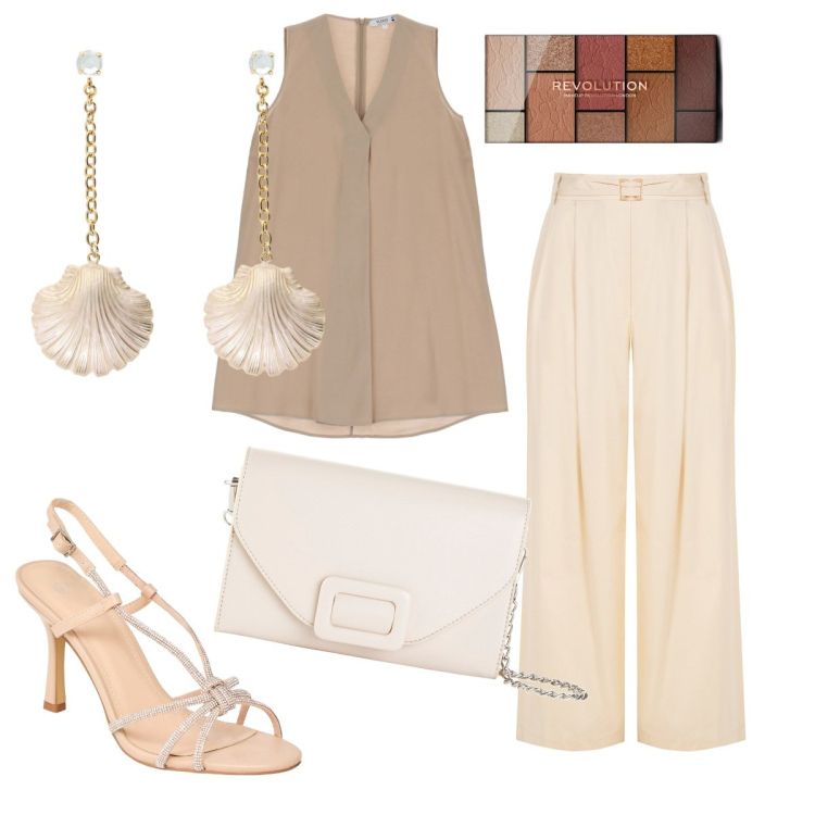 Outfit donna - Una cerimonia informale. Stile Chic per Cerimonia. Abbinamento con pochette, ombretti, sandali col tacco, vestiti corti, pantaloni, orecchini.