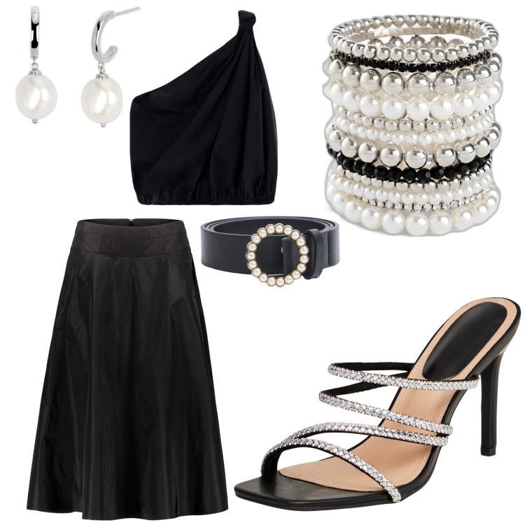 Outfit donna - Chic black. Stile Chic per Cerimonia. Abbinamento con braccialetti, cinture, sandali col tacco, orecchini, top, gonne.