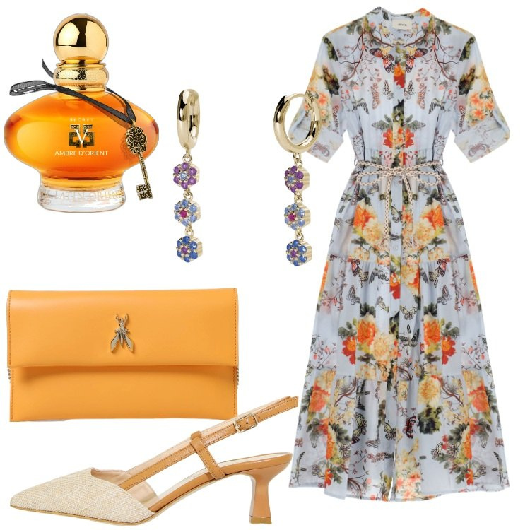 Outfit donna - Il vestito a fantasia floreale. Stile Romantica per Cerimonia. Abbinamento con profumi, orecchini, sandali col tacco, vestiti lunghi, clutch.