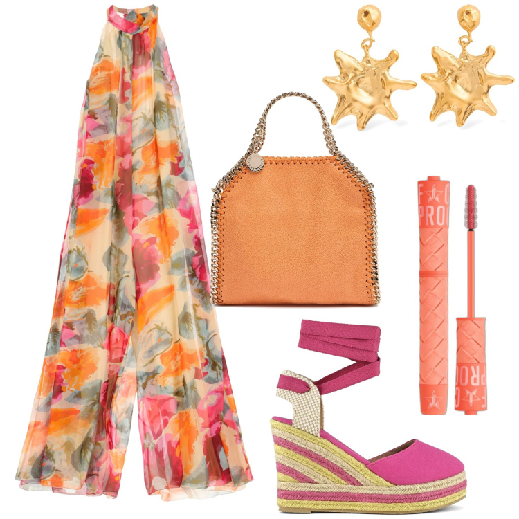 Outfit donna - Sfumature arancione. Stile Chic per Mare. Abbinamento con mascara, tute, espadrillas, orecchini, borse a mano.