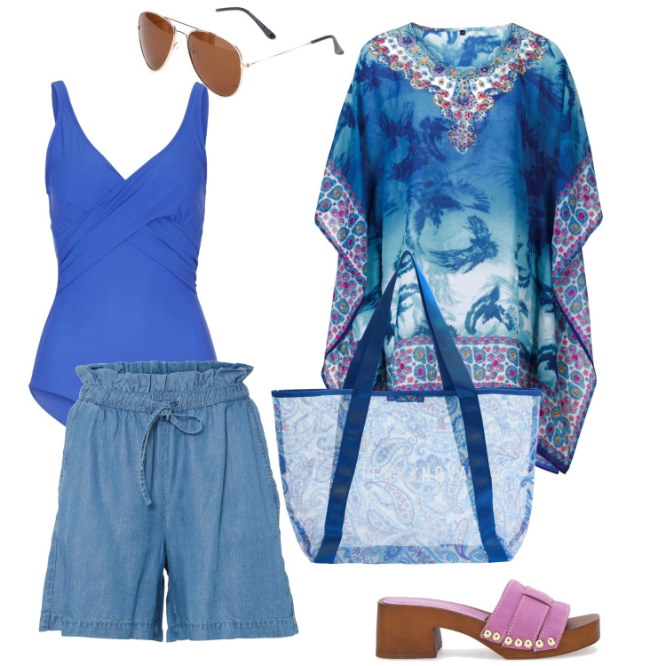 Outfit donna - Focus donna curvy. Stile Glamour per Mare. Abbinamento con costumi interi, vestiti da spiaggia, shorts, shopping bag, zoccoli, occhiali da sole.