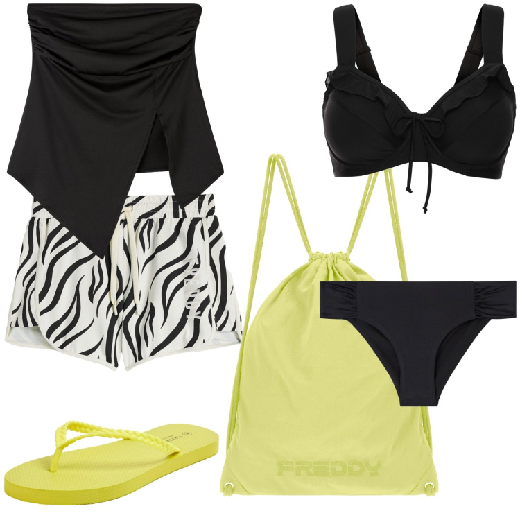 Outfit donna - Curvy strepitosa in spiaggia. Stile Basic per Mare. look ideale per Petite. Abbinamento con bikini, top, infradito, bikini, pantaloni corti, zaini.