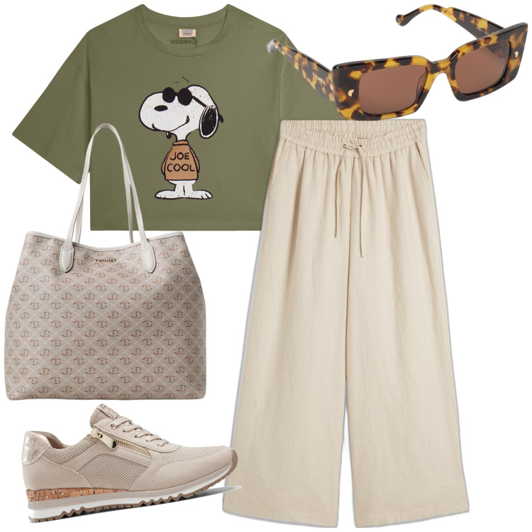 Outfit donna - A passeggio con Snoopy. Stile Casual chic per Tutti i giorni. Abbinamento con sneakers, pantaloni a palazzo, t-shirt, borse tote, occhiali da sole.