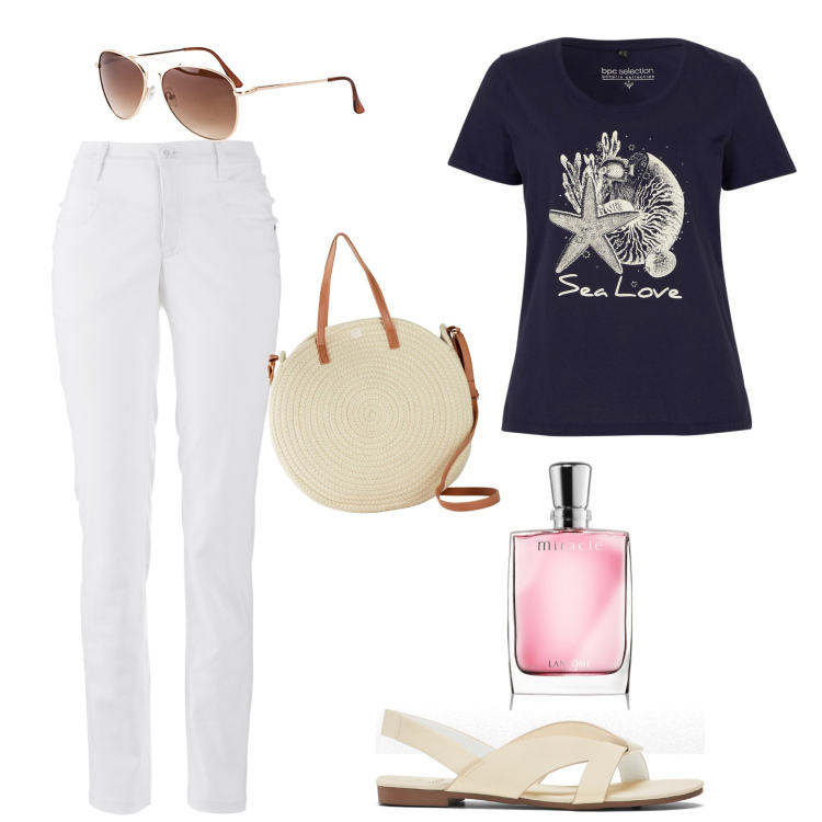 Outfit donna - Semplice e bella. Stile Bon Ton per Tutti i giorni. Abbinamento con t-shirt, occhiali da sole, pantaloni, sandali, borse a tracolla, profumi.